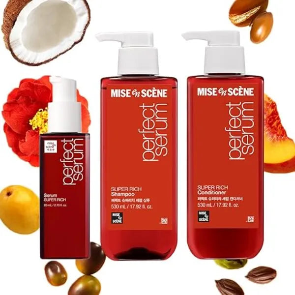 Mise En Scene Perfect Super Rich Serum Shampoo Conditioner TRIO Korean Hair Care for Severely Damaged Hair Anti Frizz, Hydrating, Nourishing Korean Conditioner with Moroccan Oil, Jojoba Seed