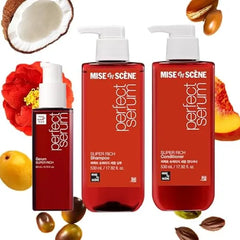 Mise En Scene Perfect Super Rich Serum and Shampoo SET Argan Oils and Severely Damaged Hair Anti Frizz, Hydrating, Nourishing Korean Hair Care with Moroccan Oil, Jojoba Seed High Nutrition