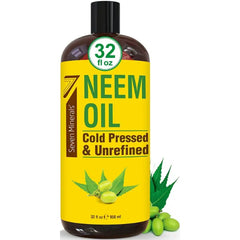 Seven Minerals Pure Cold Pressed Neem Oil - Big 32 fl oz Bottle - Non-GMO, Hexane Free, 100% Pure Neem Oil for Plants Spray, Skincare, & Haircare. Treats Dry Skin, Wrinkles, & Promotes Hair Growth