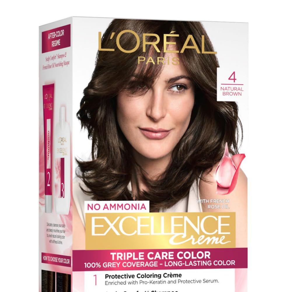 L'Oreal Paris Excellence Creme Hair Color, 4 Natural Dark Brown, 72ml+100g