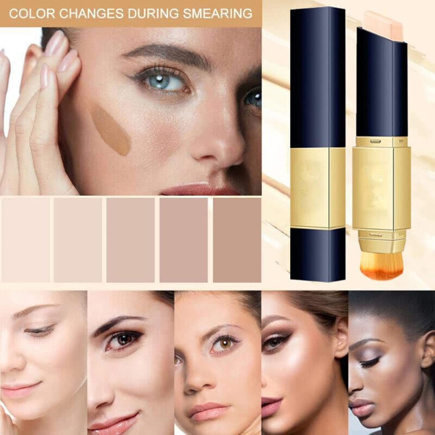 2 in 1 Foundation & Concealer Stick, Double-head Color-changing Moisturizing Stick, Face Foundation Concealer Stick, Moisturizing Foundation Stick Full Coverage with Brush (Ivory)