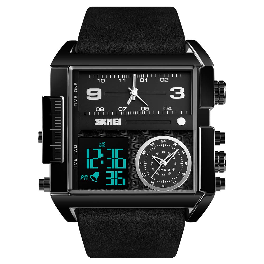 SKMEI Men's Digital Sports Watch LED Square Large Face Analog Quartz Wrist Watch with Multi-Time Zone Waterproof Stopwatch - Multicolor