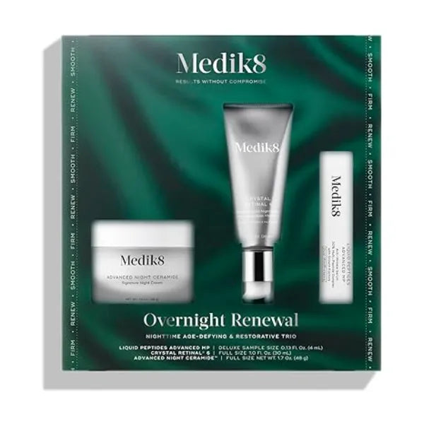 Medik8 Overnight Renewal Kit Advanced Liquid Peptides Face Serum with Hyaluronic Acid Ceramide Face Moisturizer Hydrates Skin 3 pc