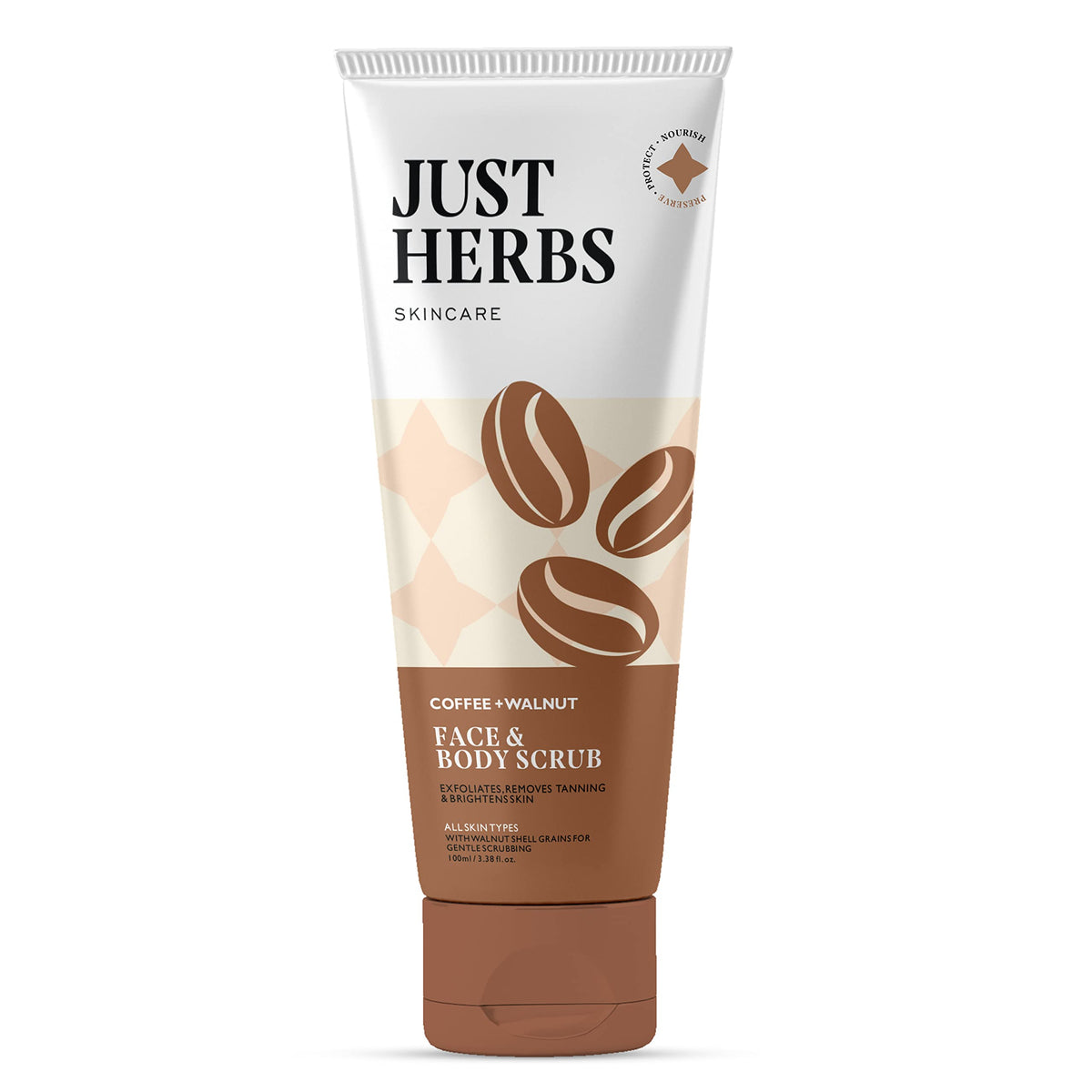 Just Herbs Coffee Body Scrub Walnut Exfoliating Detan Face & Body Scrub for Blackheads, Whiteheads, Removes Tanning & Glowing Skin - For Men & Women 100 Ml