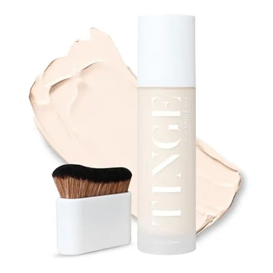 Tinge Body Makeup & Brush Bundle, 48 Hour Medium Coverage Tint with Hyaluronic Acid, Semi Matte, Water & Transfer Resistant, Vegan, Kabuki Brush for Streak Free Blending, Fair Warm, 3.38 Fl Oz