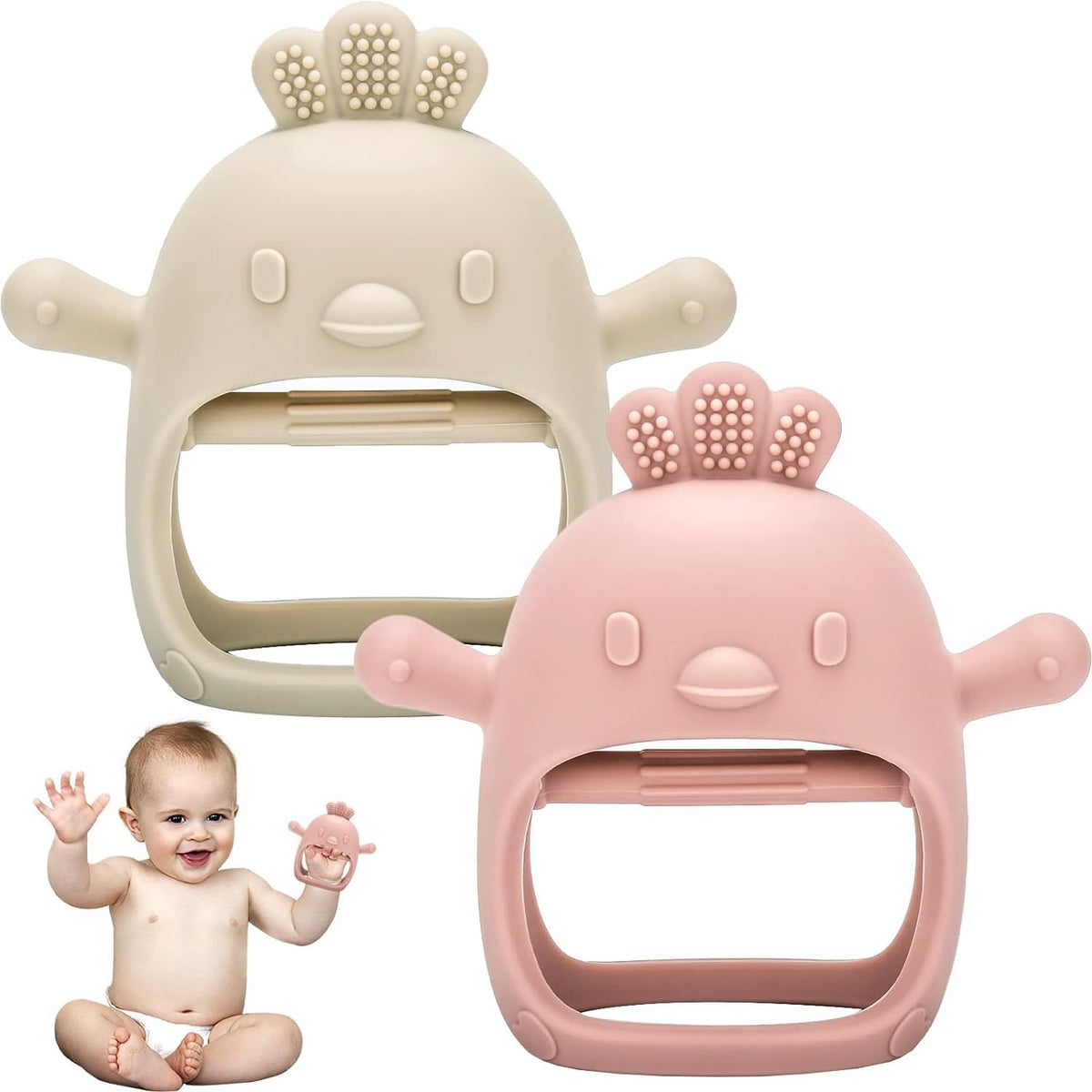 Baby Teething Toys, 2 Pack Teether for Baby, Silicone Mitten Teething Toys for Babies, Baby Teethers Toys 0-3-6-12 Months, Chew Toys Hand Pacifier for Soothing Teething Pain Relief (Beige + Pink)