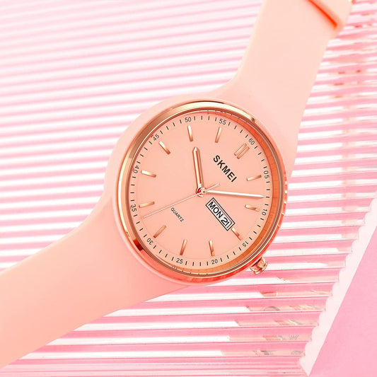 SKMEI Watches for Young Women Lady Sports Silicone Band Big Face Large Waterproof Fashion Casual Simple Quartz Analog Day Date Girls Gift White Wrist Watch - L1747pink