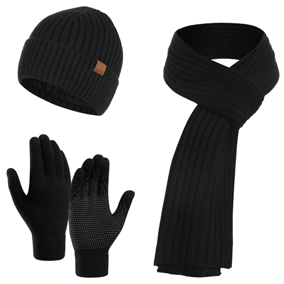 Cybrixus Winter Hat Scarf Glove Set, 3 in 1 Wool Hat Gloves & Scarf Winter Set, Women Winter Hats 3-Piece Warmer Set,Men Womens Ski Cap Touch Screen Mittens Suit Couples Matching Hats for Men Women - Black