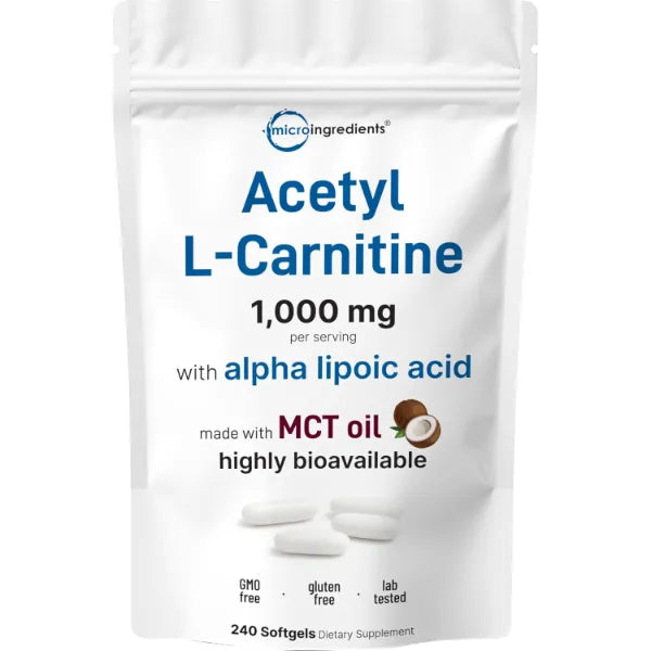 Micro Ingredients Acetyl L-Carnitine (ALCAR) 1,000 mg Per Serving, 240 Softgels | 2-in-1 Formula with Alpha Lipoic Acid | Made with MCT Oil | Non-GMO, Gluten Free