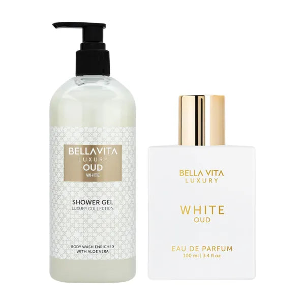 BellaVita Luxury White Oud Perfume & Body Wash Combo | Unisex Eau De Parfum with Orange, Freesia & Woody Notes (100ml) + Exotic Oud Shower Gel with Aloe Vera (500ml) | Long-Lasting & Deep Clean