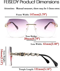 Rimless Sunglasses for Women Metal Square Frame Classic Diamond Grandient lens Eyewear UV Protection Fashion Shades for Women B2567