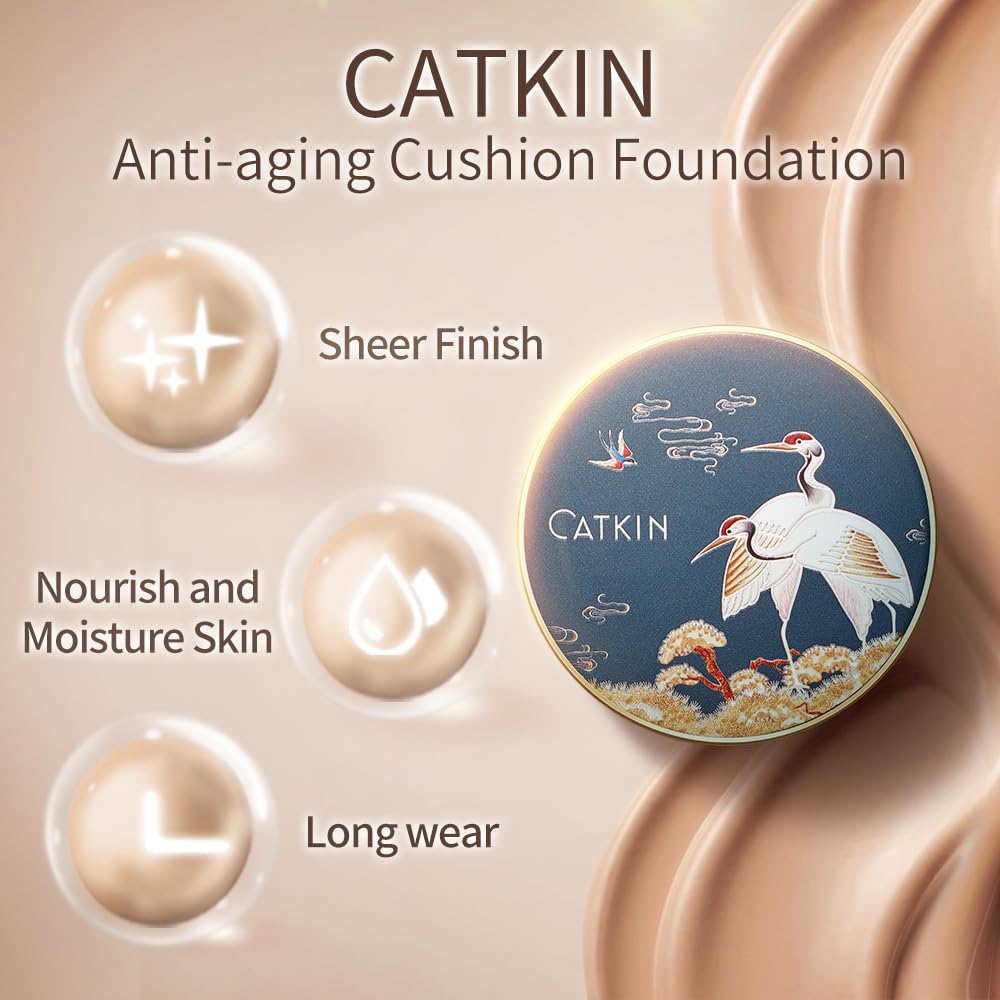 CATKIN X SUMMER PALACE Foundation for Mature Skin, Full Coverage Foundation with Lightweight and Breathable Formula, Refillable Cushion Foundation 13g*2 (C04)