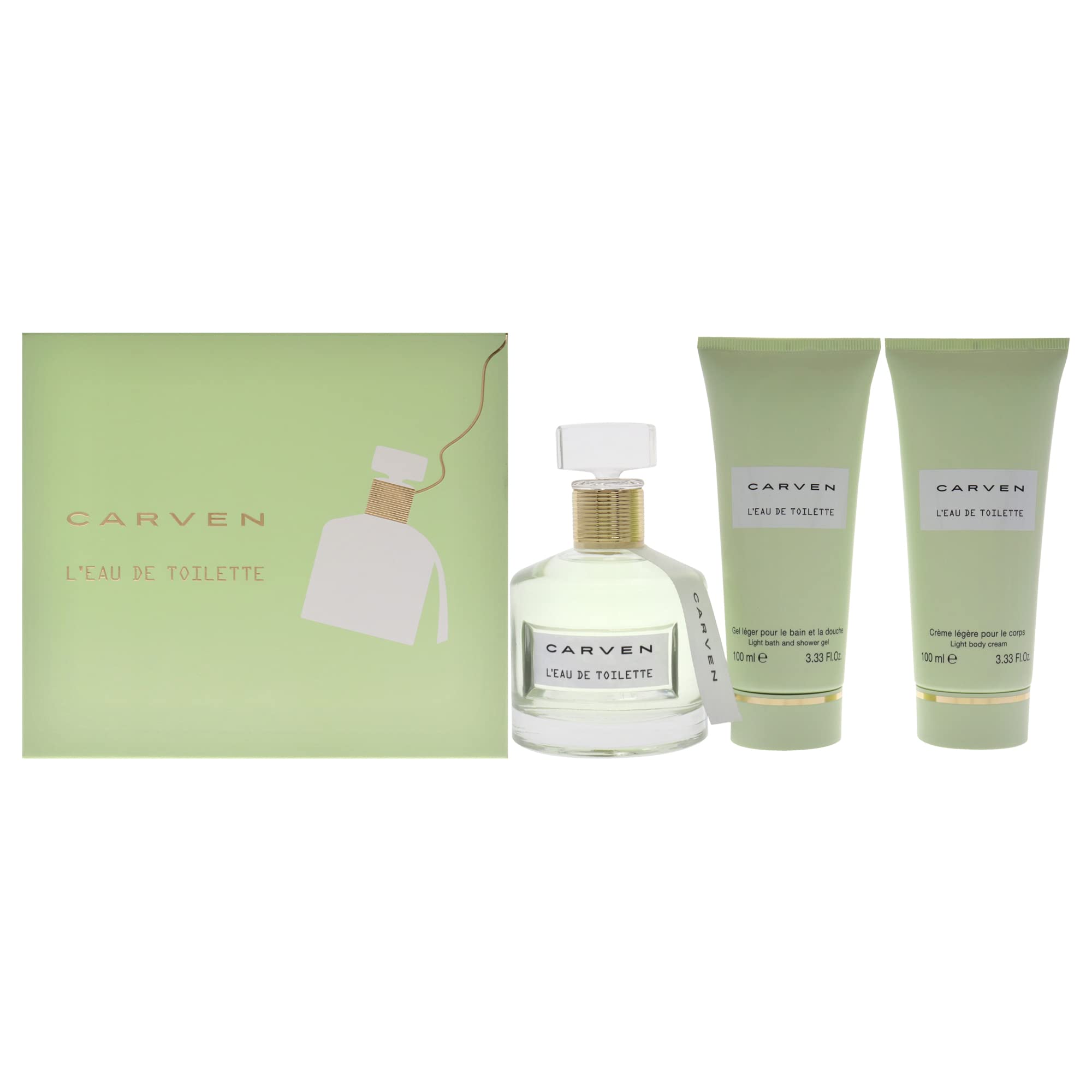 Carven LEau De Toilette For Women - 3 Pc Gift Set, 3.33oz EDT Spray, 3.33oz Light Body Cream, 3.33oz Light Bath and Shower Gel