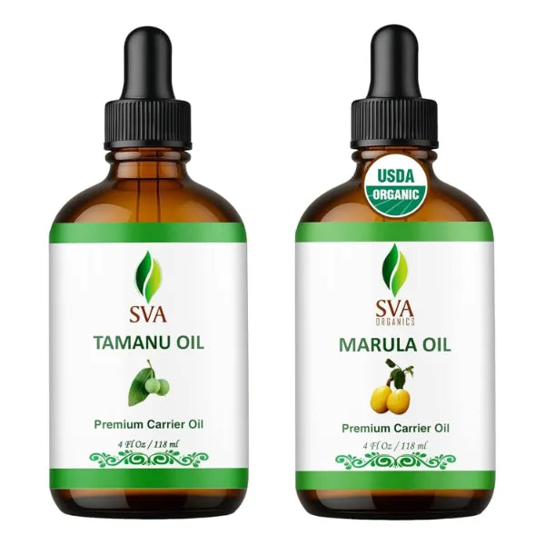 SVA ORGANICS Tamanu and Marula Carrier Oil 4 oz Bundle Super Saver Combo – Premium Grade Value Set for Hair Oiling, Scalp Massage, Hair Care, Skin Care and Body Massage