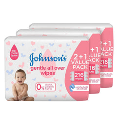 Johnson’s Baby No More Tears Gentle All Over Baby Wipes, Hypoallergenic, Ph Balanced 216 Count Each (Pack of 3)