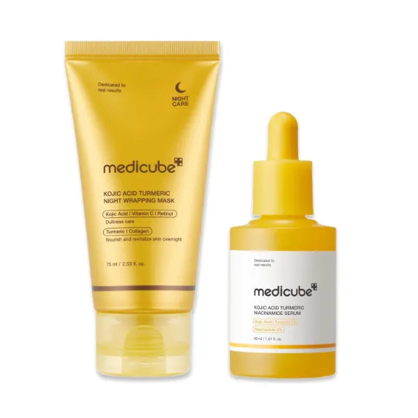 medicube Kojic Acid Overnight Care & Nourish Duo for Troubled Skin, Kojic Acid Turmeric Overnight Wrapping Peel Off Mask 2.0 (75ml) and Kojic Acid Turmeric Clarifying & Balancing Capsule Serum (30ml)