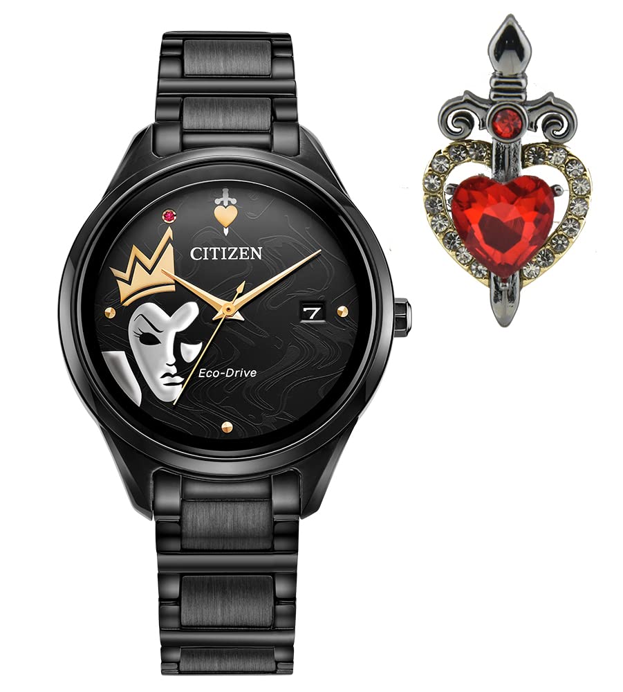 Citizen Women's Eco-Drive Disney Villain Evil Queen Crystal Watch and Pin Gift Set in Black IP Stainless Steel, Snow White Art Black Dial (Model: FE6107-68W), Gray Black