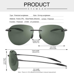 Polarized Sunglasses for Men Women Rimless Frame Driving Glasses UV400 Protection Mirror Lens Shades Sport Eyewear Eyeglasses