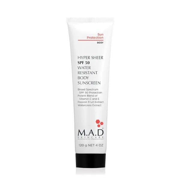 M.A.D Skincare Hyper Sheer Sun Protection SPF 50 Water Resistant Body Sunscreen – Mineral Zinc Oxide & Antioxidant Complex – Anti-Aging Detox & Cellular Repair Formula – Paraben-Free – 4 oz