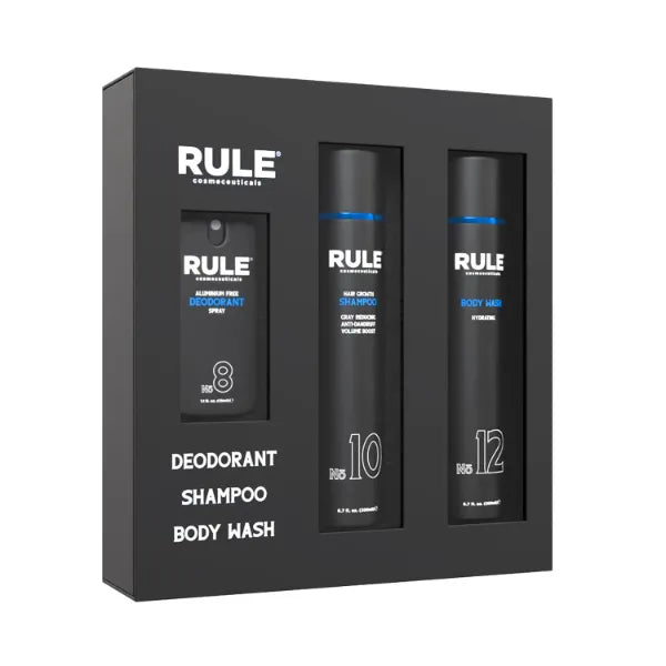 RULE COSMECEUTICALS Men's Essential Body Kit, No.12 Body Wash, No.10 Grey Hair Shampoo & No.8 Deodorant Spray, Hair Care & Skin Care Set