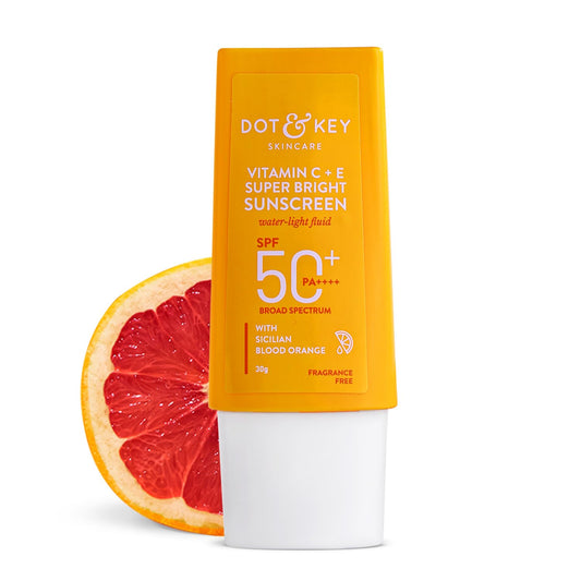 DOT & KEY Vitamin C + E Super Bright Sunscreen Spf 50 |Water-Light,UVA/UVB Blue Light Protection|For Even Toned Glowing Skin|With Liquid 50+++| No White Cast| For All Skin Types| 30G