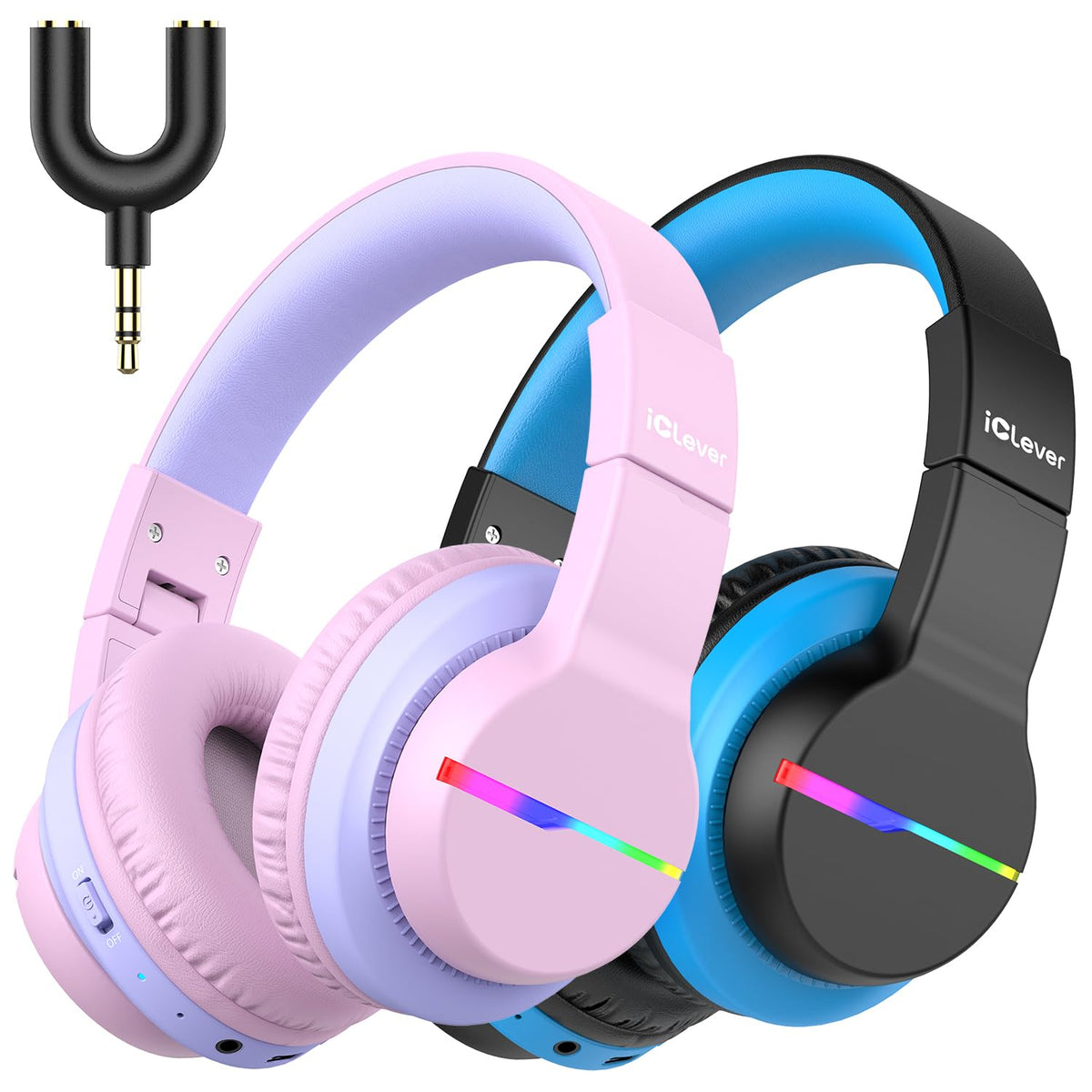 iClever Bluetooth Kids Headphones, BTH12 Colorful LED Lights Kids Wireless Headphones Over Ear with 74/85/94dB Volume Limited, 55H Playtime, Bluetooth 5.2, Built-in Mic for School/Tablet/PC - Black&Pink