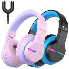iClever Bluetooth Kids Headphones, BTH12 Colorful LED Lights Kids Wireless Headphones Over Ear with 74/85/94dB Volume Limited, 55H Playtime, Bluetooth 5.2, Built-in Mic for School/Tablet/PC - Black&Pink