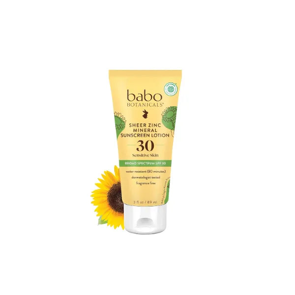 Babo Botanicals Sheer Zinc Mineral Sunscreen Lotion SPF30 - Natural Zinc Oxide - Shea Butter - Face & Body - Water Resistant - Fragrance-Free - Vegan - For all ages
