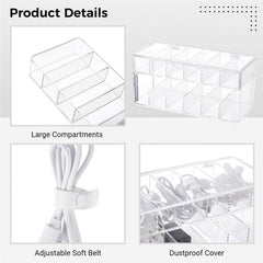 QUEENADA Double Cable Management Box with 12 Compartments - Data Cable Organizer Storage Box with 15 Wire Ties,Electronics Organizer for Office, Home Use, Desk Accessories Storage