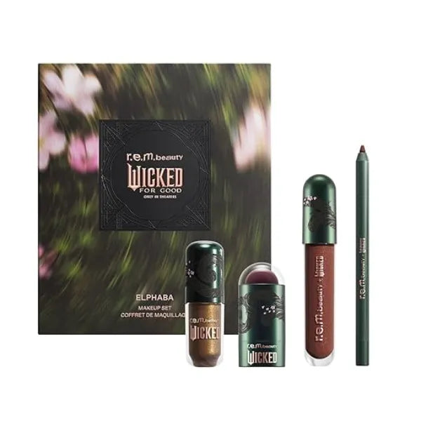 r.e.m. beauty Wicked For Good Makeup Set Waterpoof Eye Shadow, All Over Glow Stick, Creamy Lip Liner, Glossy Lip Balm 4 Full Size Products