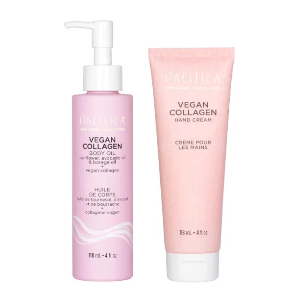 Pacifica Beauty Vegan Collagen Hand Cream and Body Oil with Pump Set, Bath and Body, Shea Butter, Cocoa Butter, Body Massage Oil, For Dry Skin, Skin Care, Body Care, 4 fl oz Each (Set of 2)