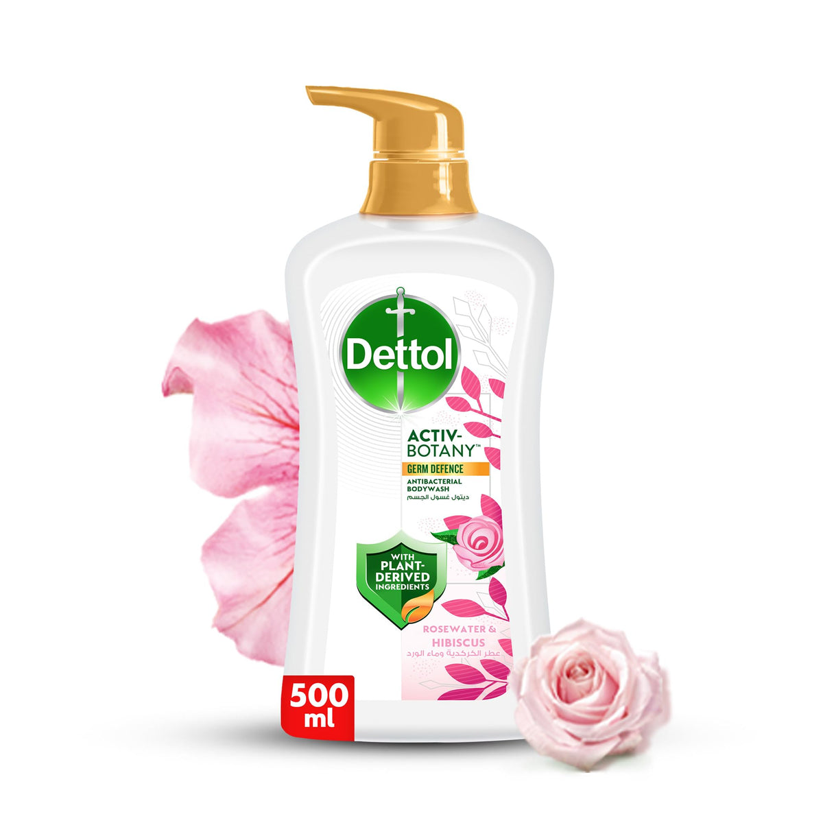 Dettol Activ-Botany Antibacterial Showergel & Bodywash, Rosewater & Hibiscus Fragrance, with Plant-Derived Ingredients for Effective Germ Defence & Personal Hygiene, 500 ml