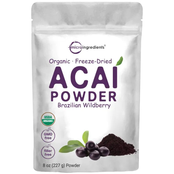 Micro Ingredients Organic Acai Powder, 8oz | 100% Natural Fruit Powder | Freeze-Dried Brazilian Wildberry Source | No Sugar & Additives | Great Flavor for Drinks, Smoothie, & Beverages | Non-GMO & Vegan Friendly
