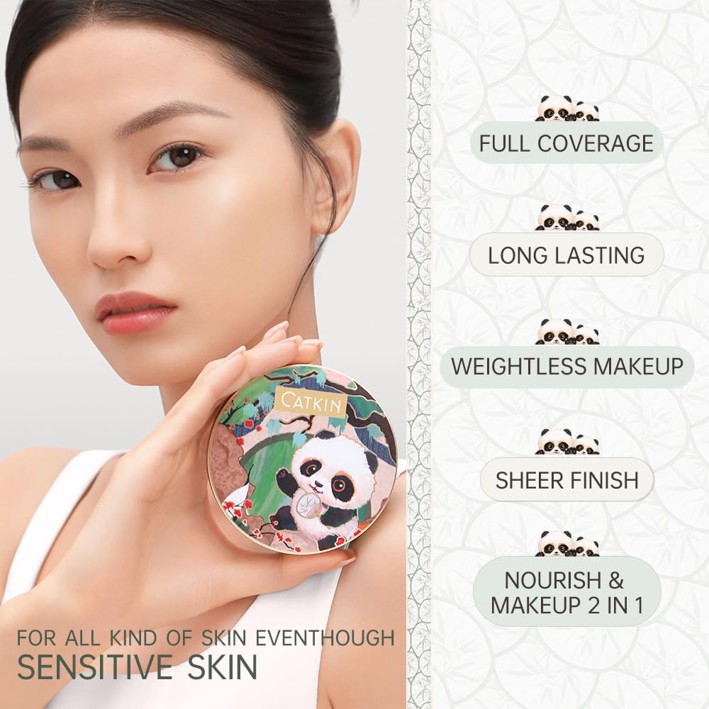 CATKIN Panda Land Full Coverage Cushion Fondation, Breathable Hydrating Nourishing Poreless Face Makeup Save for Sensitive Skin,Sheer Finish (W12 Golden Medium)