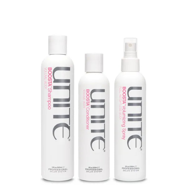 UNITE Hair – BOOSTA Shampoo, Conditioner & Volumizing Spray, Builds Lift, Body & Shine For Fine Hair – 10 Fl Oz, 8 Fl Oz & 8 Fl Oz