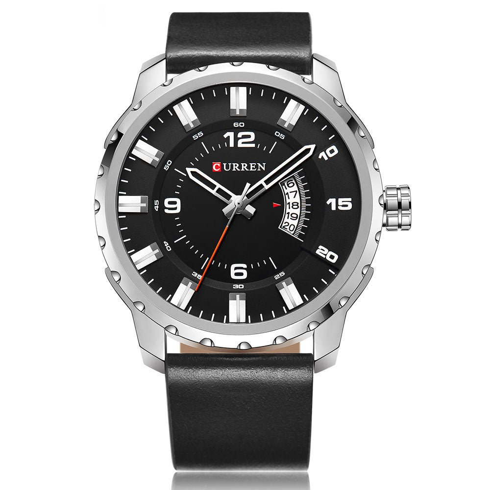 Curren 8245 Casual Men Analog Dial Watch With Quartz 3 Dials Waterproof Leather Strap Watch - Black