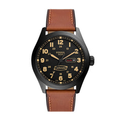 Fossil Men's Defender Solar-Powered Stainless Steel and Leather Watch, Color: Black, Brown (Model: FS5978), Brown, One Size, Defender Solar-Powered Luggage Leather Watch - FS5978