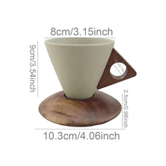 Eagyrosi Cone Ceramic Coffee Mug with Acacia Wood Base - Conical Espresso Cup Set, Solid Wooden Triangle Handle and Coaster, 180ml Capacity, Personality Item for Home, Restaurant, Party, and Office