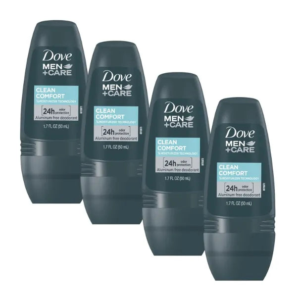 Dove Men+Care Clean Comfort Roll on Deodorant, Aluminum Free, For All Day Underarm Odor Protection, 1.7 Fl Oz Each, (Pack of 4)