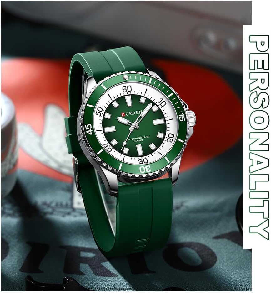 CURREN Original Fashion Men Watches Luxury Sports Silicone Strap Waterproof Quartz Wristwatch with Luminous Hands 8448 - GREEN