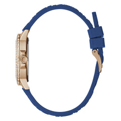 GUESS Ladies Sport Crystal Multifunction 36mm Watch – White Dial Rose Gold-Tone Stainless Steel Case with Blue Silicone Strap