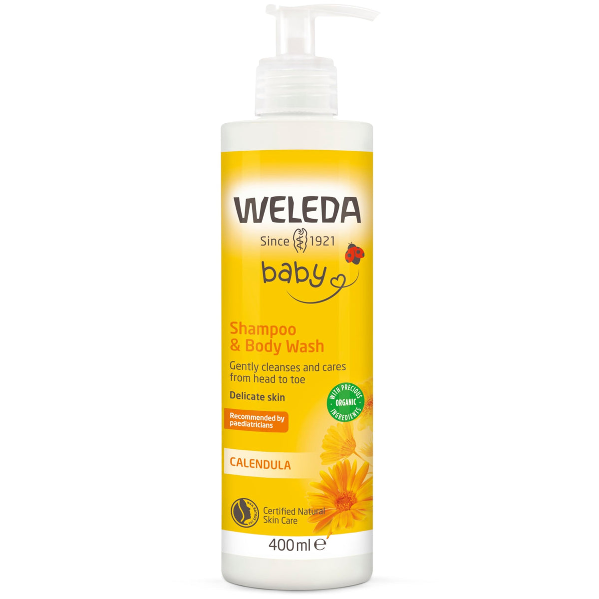 WELEDA Bio Calendula Baby XL Wash Lotion & Shampoo Vegan - Natural Cosmetics Shower Gel for Skin Care/Hair Care in Newborns. Baby Care Shower for Sensitive Skin, Mild to the Eyes (1 x 400 ml)