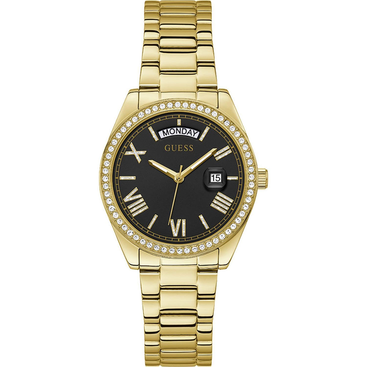 GUESS 36mm Stainless Steel Day-Date Watch with Coin Edge Bezel, Silver-Tone/Blue