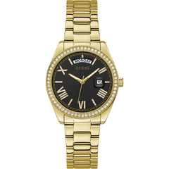 GUESS 36mm Stainless Steel Day-Date Watch with Coin Edge Bezel, Silver-Tone/Blue
