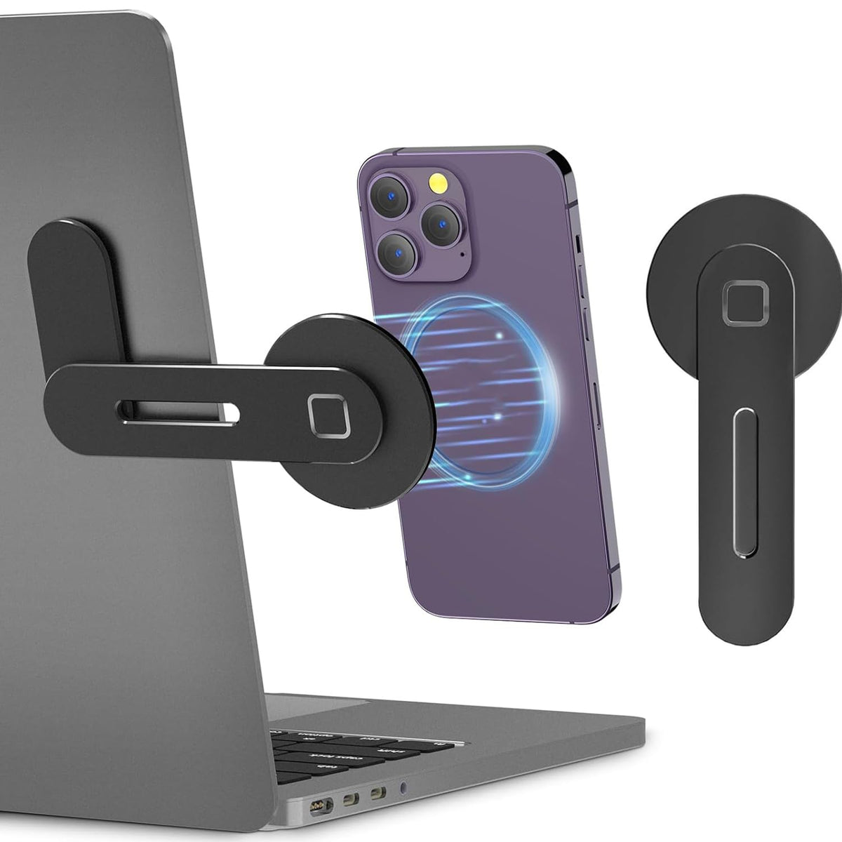 QUEENADA Rotatable Magnetic Phone Holder for Laptop - Universal Laptop Accessories Compatible with iPhone 14 13 12 Pro Max Portable Electronic Device Stand, Adjustable,Arm,Handle(black)
