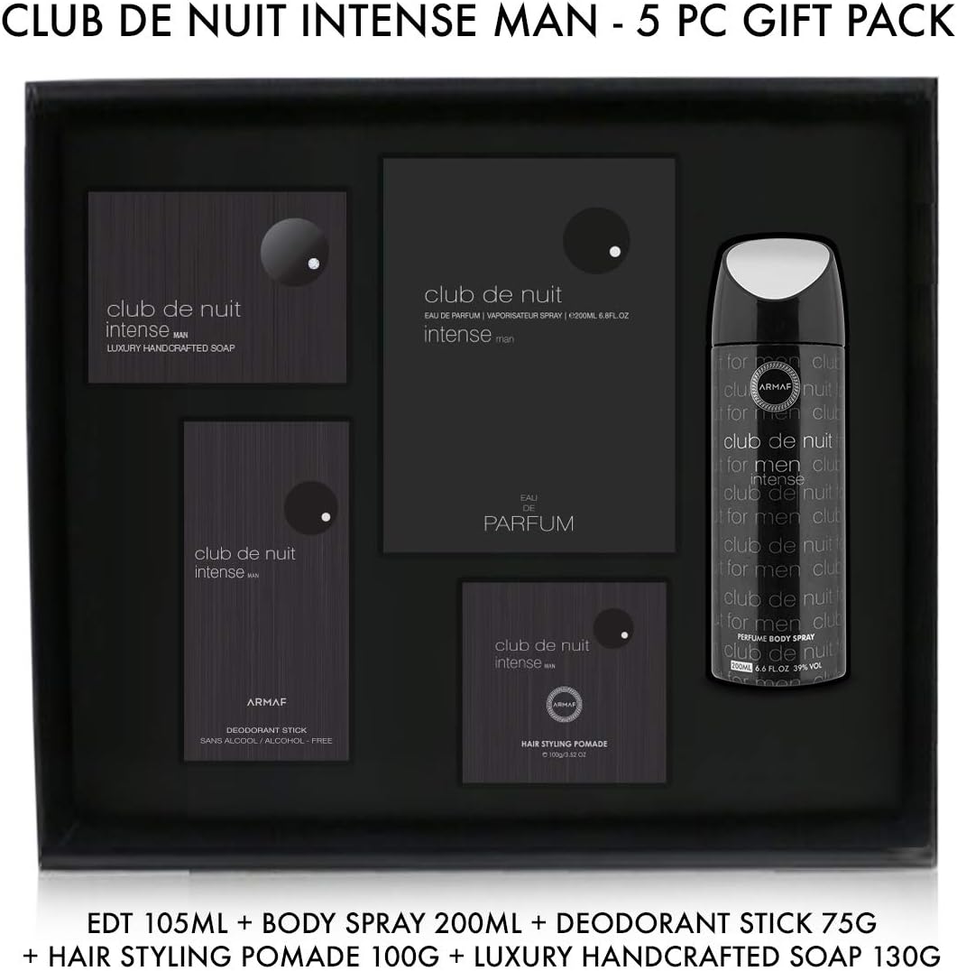 Armaf Perfumes Club De Nuit Intense Man 5 Pieces Gift Set, Eau De Toilette 105ml + Body Spray 200ml + Deodorant Stick 75g + Hair Pomade 100g + Luxury Soap 130g - perfume for men - fragrance - for him