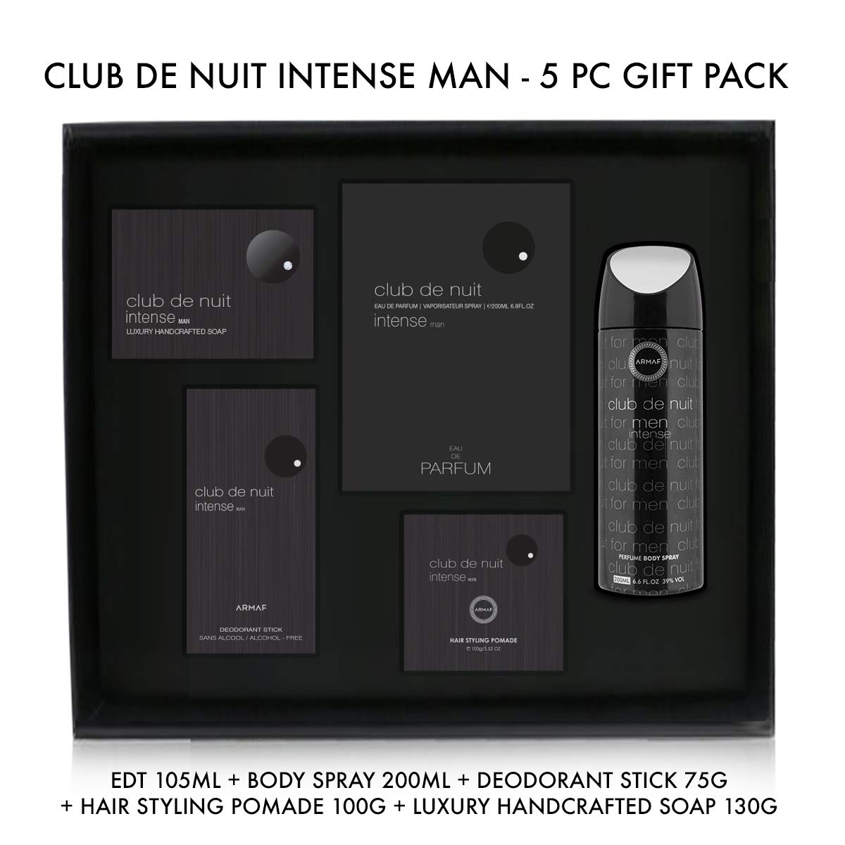 Armaf Perfumes Club De Nuit Intense Man 5 Pieces Gift Set, Eau De Toilette 105ml + Body Spray 200ml + Deodorant Stick 75g + Hair Pomade 100g + Luxury Soap 130g - perfume for men - fragrance - for him