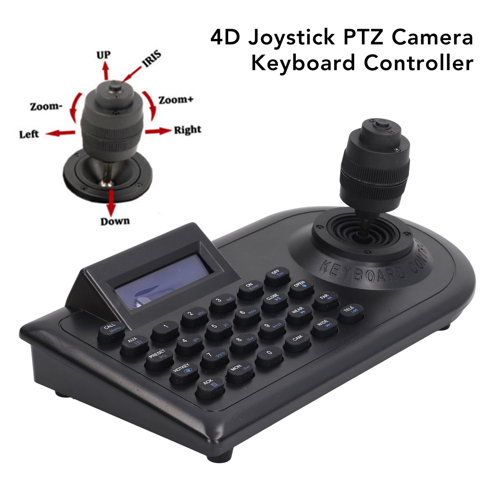 Eujgoov 4D Surveillance Keypad Controller, Joystick Analog PTZ Camera Keyboard LCD Display Screen 4D PTZ Camera Controller (UK Plug)