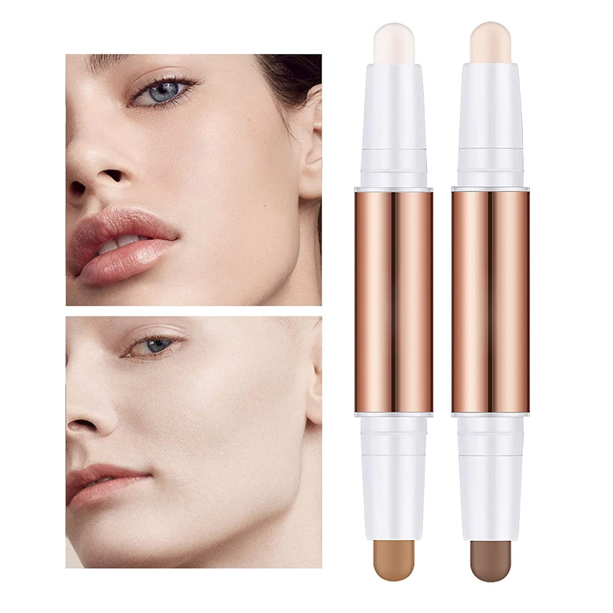 Excefore Highlight Contour Stick, Dual-End Makeup Shading Stick, 4 Colors Face Concealer Pen, Long Lasting & Waterproof Contour Sticks Kit, Brighten Facial Shade for Body Face 2PCS