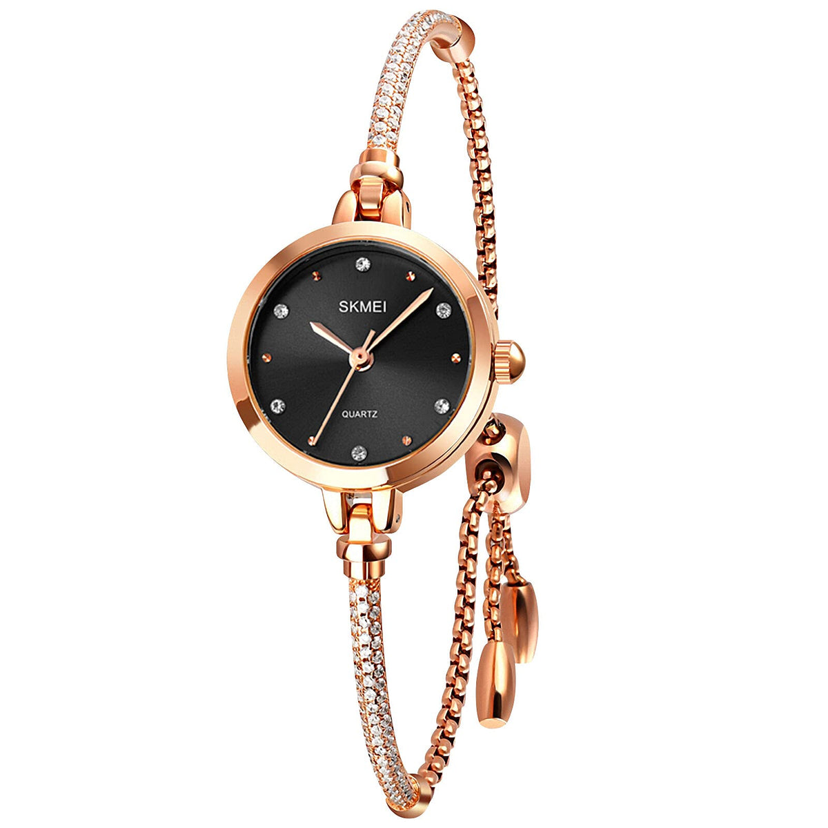 SKMEI Women Wrist Watch, Women Quartz Watch Fashion Thin Premium Crystal-Accented Watch, Rose Gold - Black, 0.9*0.3*0.1 inch,